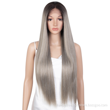28 inches Super Straight 360 LACE GRACE Wig Bright Silver grey middle part High temperature silk lace cap Synthetic hair Wigs